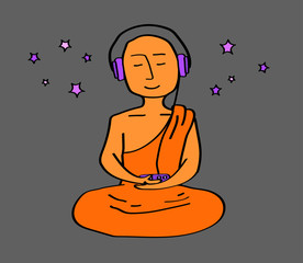 Buddhist monk in headphones listening to music. Vector illustration.
