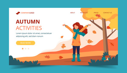 Girl playing with leaves in the park in autumn. Landing page template. Cute vector illustration in flat style.