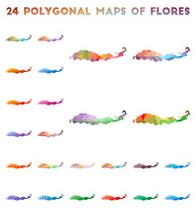 Set of vector polygonal maps of Flores. Bright gradient map of island in low poly style. Multicolored Flores map in geometric style for your infographics.