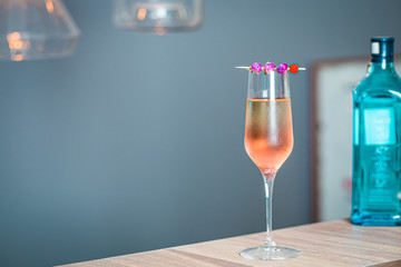 Champagne Strawberry Cocktail with Rose Flowers, Close-up View
