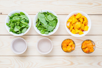 Ingredients for Smoothie (Spinach Leaves, Mango, Peach, Water)