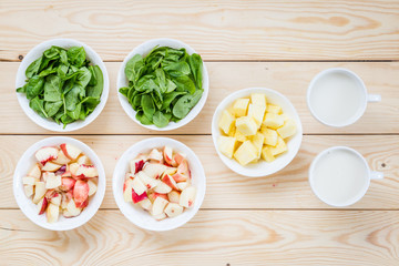 Ingredients for Smoothie (Spinach Leaves, Almond Milk, Pineapple, Nektarin)