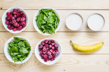 Ingredients for Smoothie (Spinach Leaves, Cherry, Banana, Almond Milk)