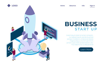 illustration of start-up using spaceship symbols, investment growth in online-based companies, teamwork management isometric illustration style