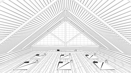 Blueprint project draft, empty yoga studio interior design architecture, minimal open space, spatial organization with mats and accessories, large window, modern concept idea