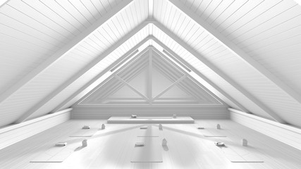 Total white project draft of empty yoga studio interior design architecture, minimal open space, spatial organization with mats and accessories, ready for yoga practice, big window