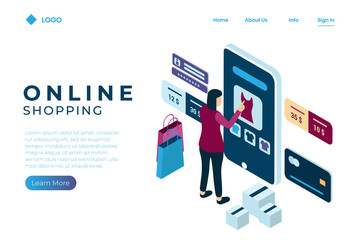 a woman is conducting an online transaction using a credit card with isometric illustration style