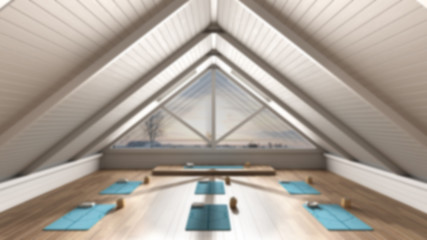 Blur background interior design:unfinished project that becomes real, empty yoga studio architecture, spatial organization with mats and accessories, panoramic window, concept idea