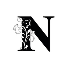 letter N. Black flower alphabet.  Beautiful capital letters.