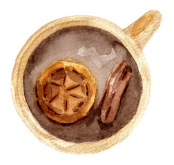 Hand painted watercolor mulled wine cup. Isolated on white background.