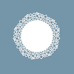 Lasercut lace doily design Round pattern ornament Template mockup of a round white lace doily napkin lasercut frame Design element for lasercut elegant vintage invitation banner Vector lacе doily