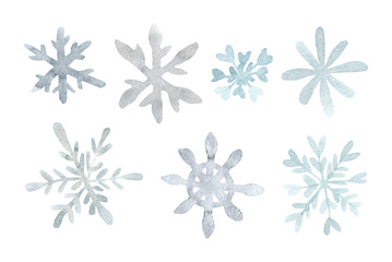 Watercolor snowflake isolated on white background. Symbol of winter.