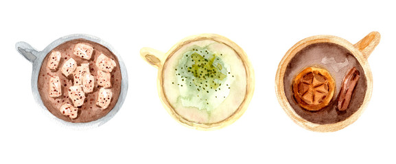 Hand painted watercolor hot beverages set. Isolated on white background.