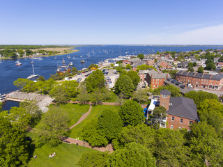 Newburyport historic downtown including Merrimack Street and Waterfront Promenade Park with Merrimack River at the background aerial view, Newburyport, Massachusetts, MA, USA.