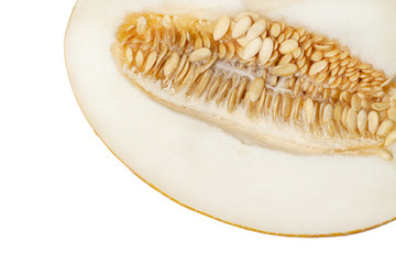 Fresh half sliced yellow melon with seeds on white background