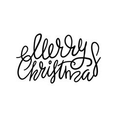 Merry Christmas black hand drawn lettering isolated on white. Vector image with funny eyelets.
