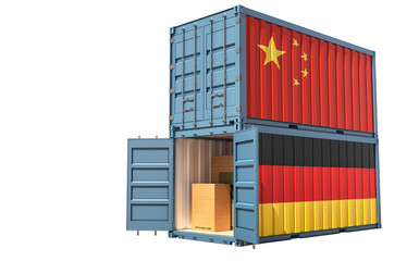 Fototapeta premium Two freight container with China and Germany flag. Isolated on white - 3D Rendering