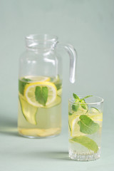 Refreshing cold water with lemon, cucumber, mint and ice. A cleansing drink for the body of sassi. The vertical orientation of the photo.