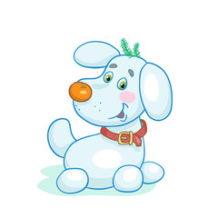 Funny snowman - dog with mandarin instead of nose. Isolated on a white background.