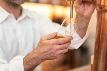 Pouring beer for client. Bartender pouring beer while standing at the bar counter.