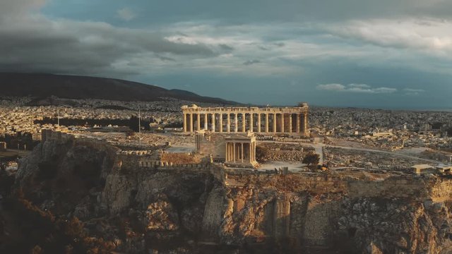 Parthenon temple on Acropolis of Athens at beautiful sunset, aerial view. Greece