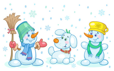 Three cheerful snowman stand in a clearing. On a white background. In cartoon style.