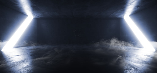 Smoke Concrete Grunge Big Hall Tunnel Alien Corridor Empty Futuristic Modern White Glowing Windows Stage Podium Industrial Garage Underground 3D Rendering © IM_VISUALS