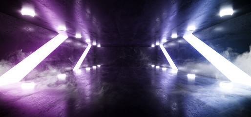 Smoke Dark Empty Sci Fi Futuristic Concrete Grunge Room Cylinder Tube Lights Glowing Purple Blue Reflections Garage Hall Underground Spaceship Tunnel Corridor 3D Rendering