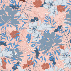 Floral vintage texture for fabric. Ornament of flowers and leaves on a brown background. Elegant natural ornament. Vintage texture for decoration of fabric, tile and paper and wallpaper on the wall.