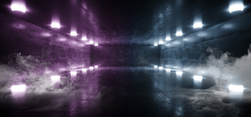 Smoke Dark Empty Sci Fi Futuristic Concrete Grunge Room Cylinder Tube Lights Glowing Purple Blue Reflections Garage Hall Underground Spaceship Tunnel Corridor 3D Rendering