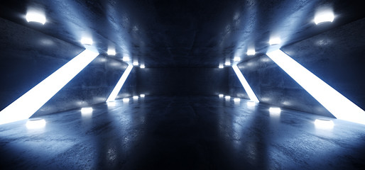 Neon Dark Sci Fi Futuristic Glowing Laser Blue Lines Arch White Concrete Underground Garage Sci Fi Futuristic Hall Stage Podium Grunge Columns Spaceship Tunnel Corridor 3D Rendering
