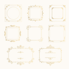 Set of retro borders with ornate golden elements. Vector isolated illustration.