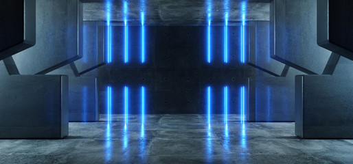 Neon Glowing Laser Blue Pylons Arch White Concrete Underground Garage Sci Fi Futuristic Hall Stage Podium Grunge Columns Dark Spaceship Tunnel Corridor 3D Rendering