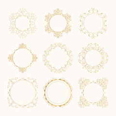 Set of vintage circle golden frames with flourish borders. Vector isolated illustration.