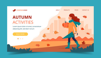 Girl with a pumpkin in autumn. Landing page template. Cute vector illustration in flat style.