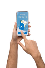 Male hands downloading airline tickets app to smartphone