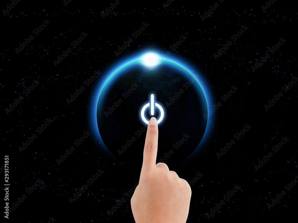 Wall mural planet earth and power button. finger pressing power button energy. energy saving concept. elements 