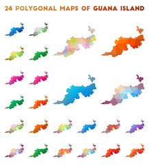Set of vector polygonal maps of Guana Island. Bright gradient map of island in low poly style. Multicolored Guana Island map in geometric style for your infographics.