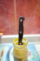 Table knife in a jar with seasoning