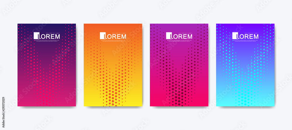 Poster Modern colorful abstract gradient lines and dots halftone pattern background cover design. Dotted trendy vector template for web, brochure, leaflet, flyer, cover, banner, poster. Cool bright gradient
