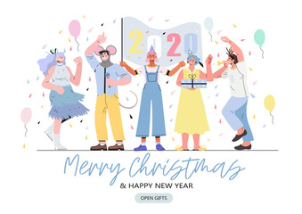 Merry Christmas and happy new year banner, flyer, landing page with people having fun and holding flag with 2020 numbers of the next year. Christmas party with baloons and gifts and smiling people.