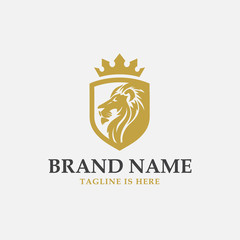 lion shield luxury logo icon, elegant lion shield logo design illustration, lion head with crown logo, lion shield symbol