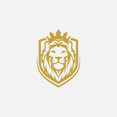 lion shield luxury logo icon, elegant lion shield logo design illustration, lion head with crown logo, lion shield symbol