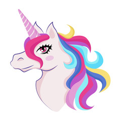 Magic unicorn with colorful horn and manes icon, decor for girl room interior or birthday, badge or sticker, vector