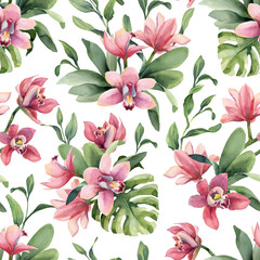 Seamless pattern of rose orchid flowers and leaves monstera isolated on white background.