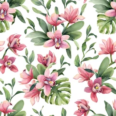 Wall murals Orchidee Seamless pattern of rose orchid flowers and leaves monstera isolated on white background.