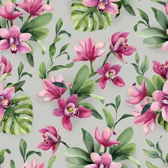 Wallpaper murals Orchidee Seamless pattern of rose orchid flowers and leaves monstera on gray background.