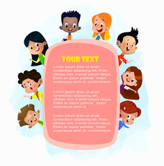 illustration of kids peeping behind pink placard