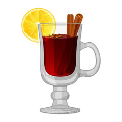 Mulled wine in a glass with cinnamon sticks, lemon and anise star. Realistic style. Vector illustration. Isolated on white. Object for packaging, advertisements, menu.
