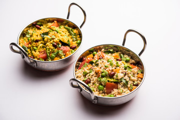 Broken wheat or Daliya Upma, served in a bowl. selective focus